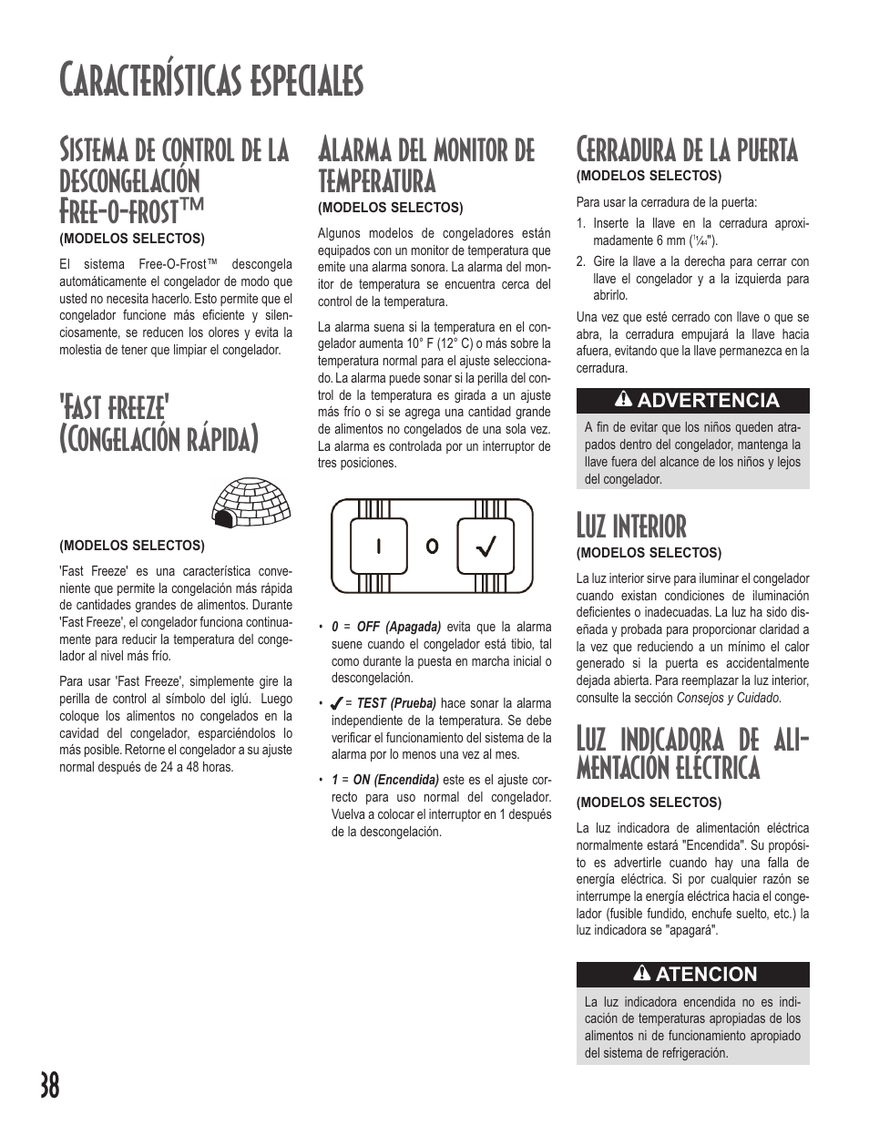 Características especiales, Fast freeze' (congelación rápida), Luz interior | Luz indicadora de ali- mentación eléctrica, Cerradura de la puerta, Alarma del monitor de temperatura | Amana Upright Freezers User Manual | Page 38 / 48