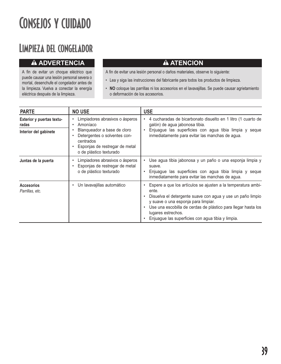 Consejos y cuidado, Limpieza del congelador, Atencion | Advertencia | Amana Upright Freezers User Manual | Page 39 / 48