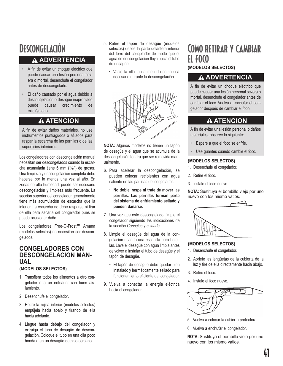 Como retirar y cambiar el foco, Descongelación, Atencion | Advertencia, Congeladores con descongelacion man- ual | Amana Upright Freezers User Manual | Page 41 / 48