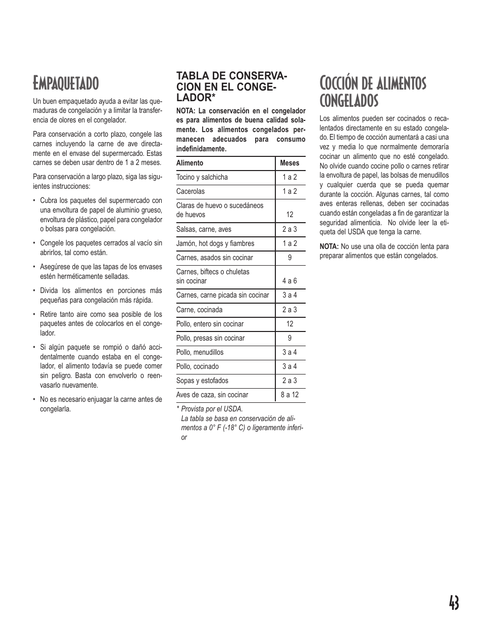 43 empaquetado, Cocción de alimentos congelados, Tabla de conserva- cion en el conge- lador | Amana Upright Freezers User Manual | Page 43 / 48