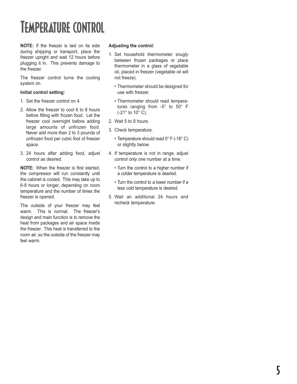 Temperature control | Amana Upright Freezers User Manual | Page 5 / 48