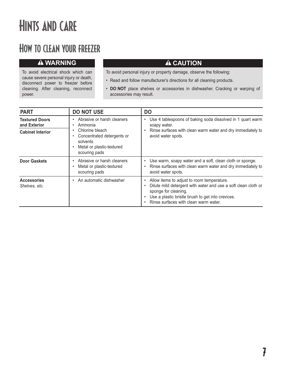 Hints and care, How to clean your freezer, Caution | Warning | Amana Upright Freezers User Manual | Page 7 / 48