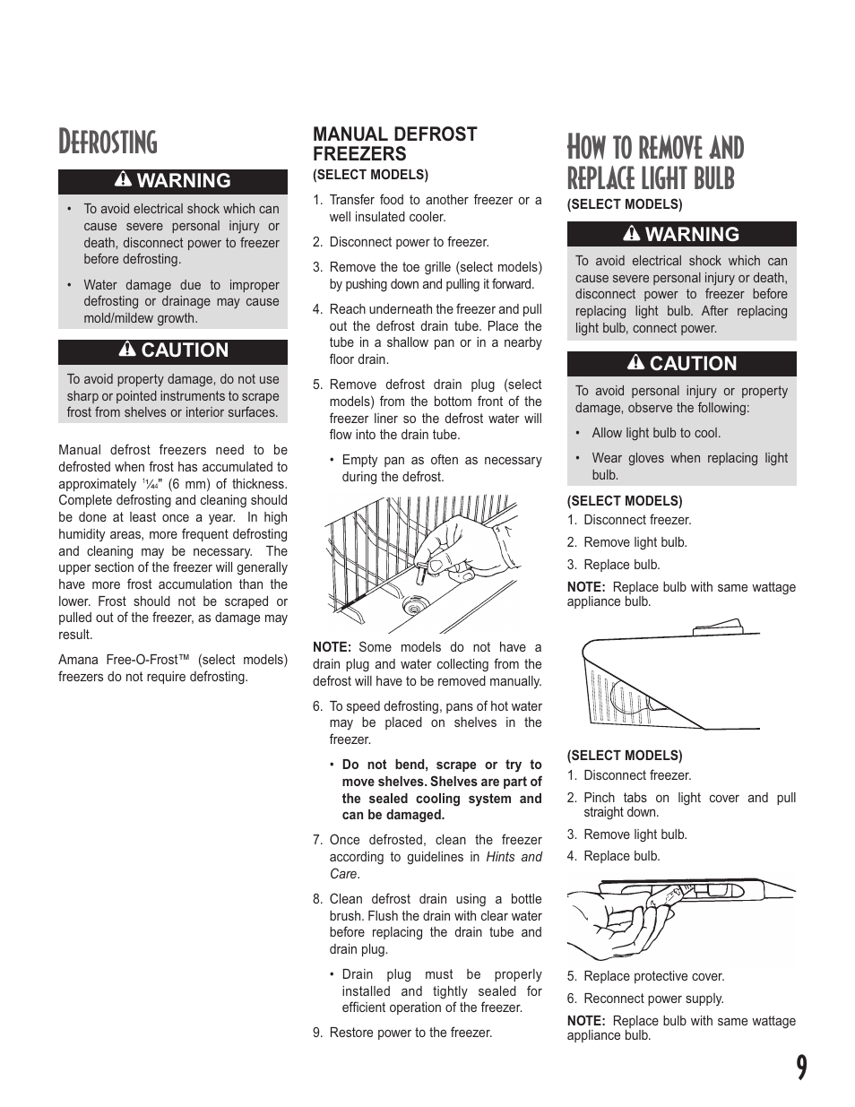 How to remove and replace light bulb, Defrosting, Caution | Warning, Manual defrost freezers | Amana Upright Freezers User Manual | Page 9 / 48