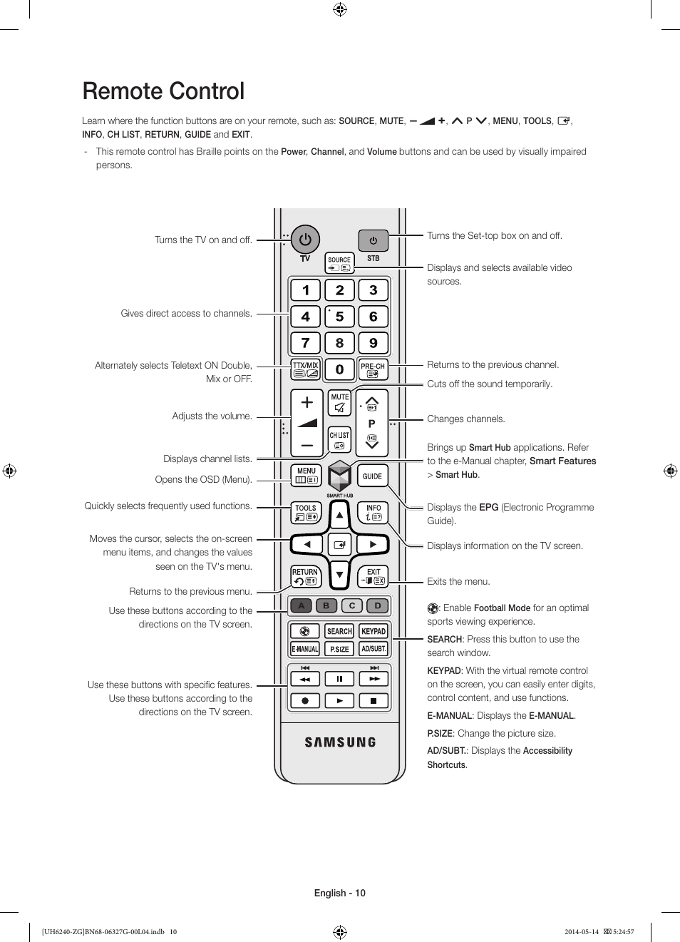 Remote control | Samsung UE50H6270SS User Manual | Page 10 / 81