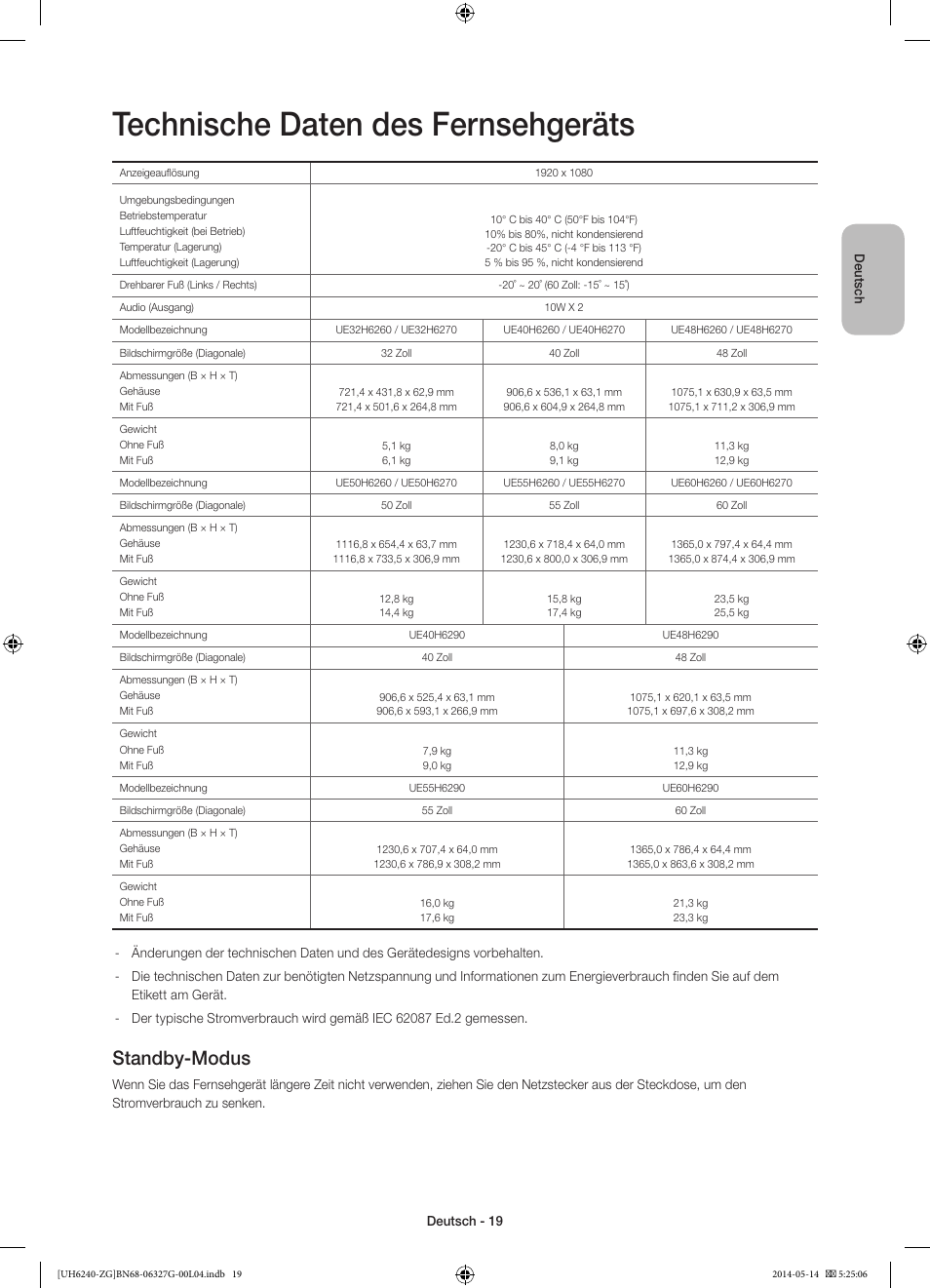 Technische daten des fernsehgeräts, Standby-modus | Samsung UE50H6270SS User Manual | Page 39 / 81