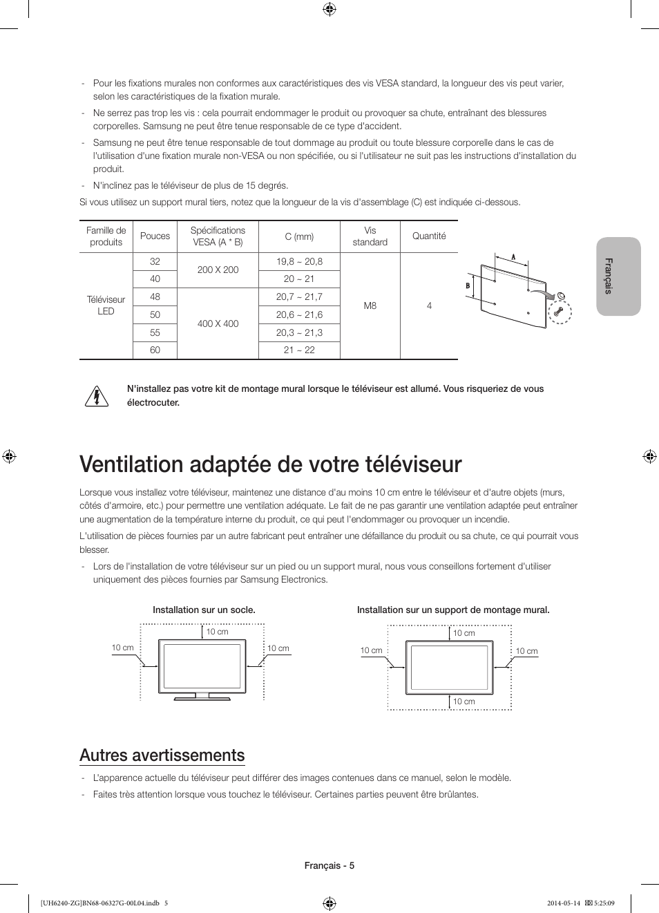 Ventilation adaptée de votre téléviseur, Autres avertissements | Samsung UE50H6270SS User Manual | Page 45 / 81