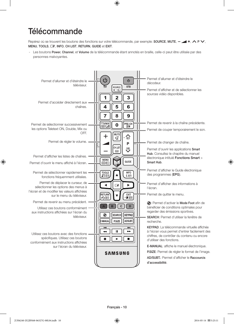 Télécommande | Samsung UE50H6270SS User Manual | Page 50 / 81