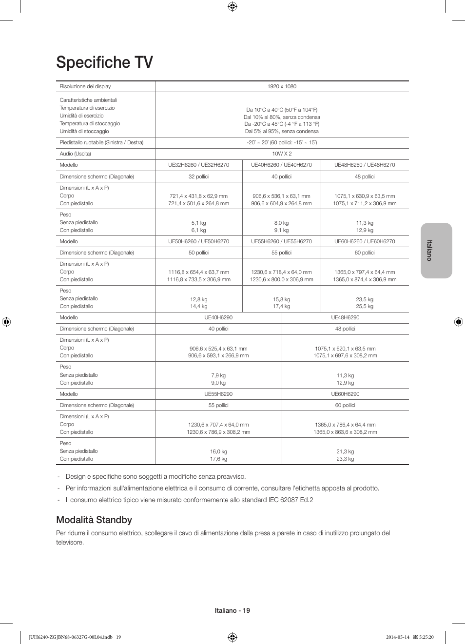 Specifiche tv, Modalità standby | Samsung UE50H6270SS User Manual | Page 79 / 81