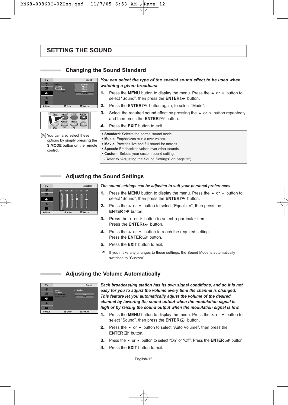 Setting the sound, Changing the sound standard, Adjusting the sound settings | Adjusting the volume automatically | Samsung LE32T51S User Manual | Page 14 / 147