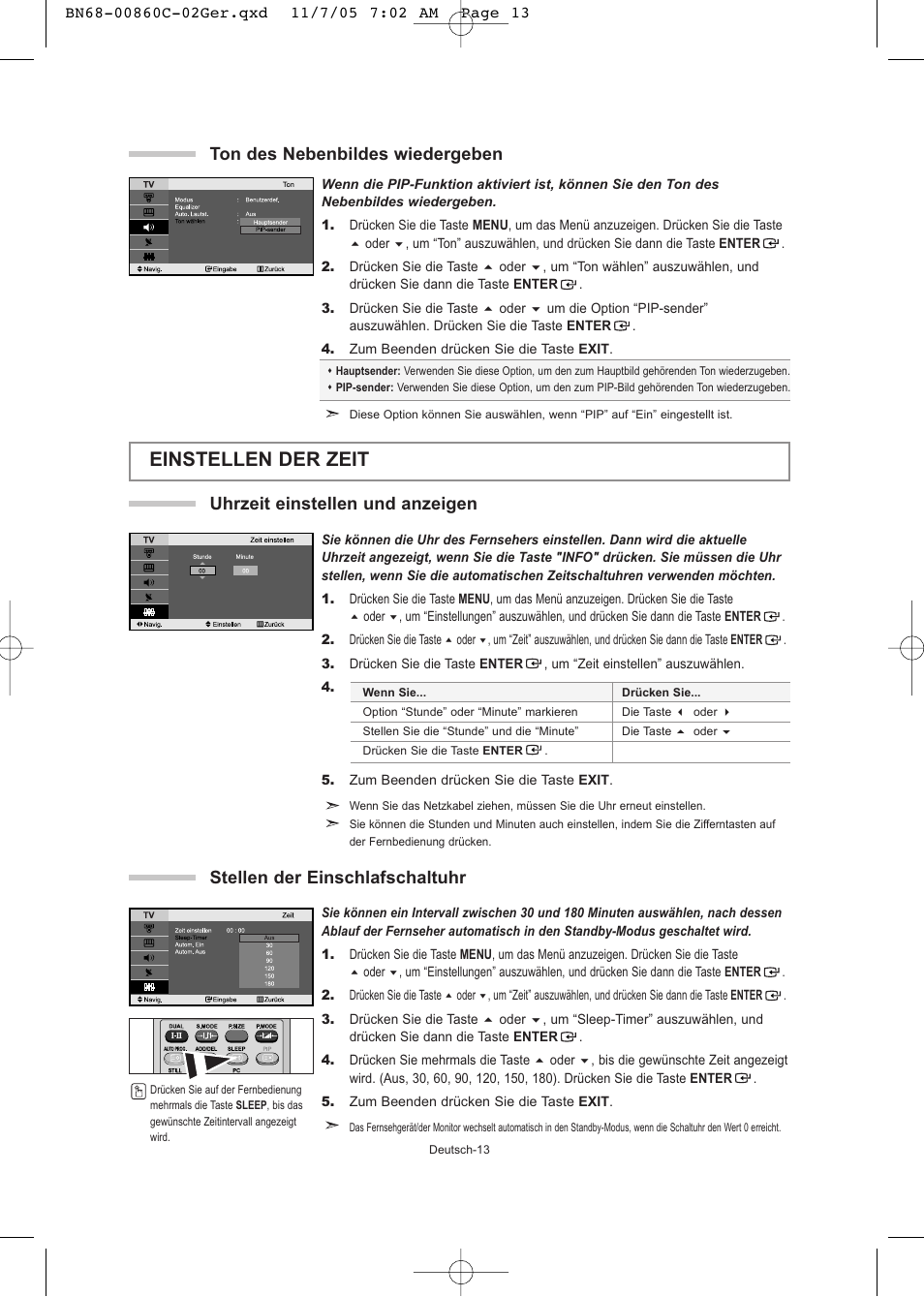 Einstellen der zeit, Ton des nebenbildes wiedergeben, Uhrzeit einstellen und anzeigen | Stellen der einschlafschaltuhr | Samsung LE32T51S User Manual | Page 55 / 147