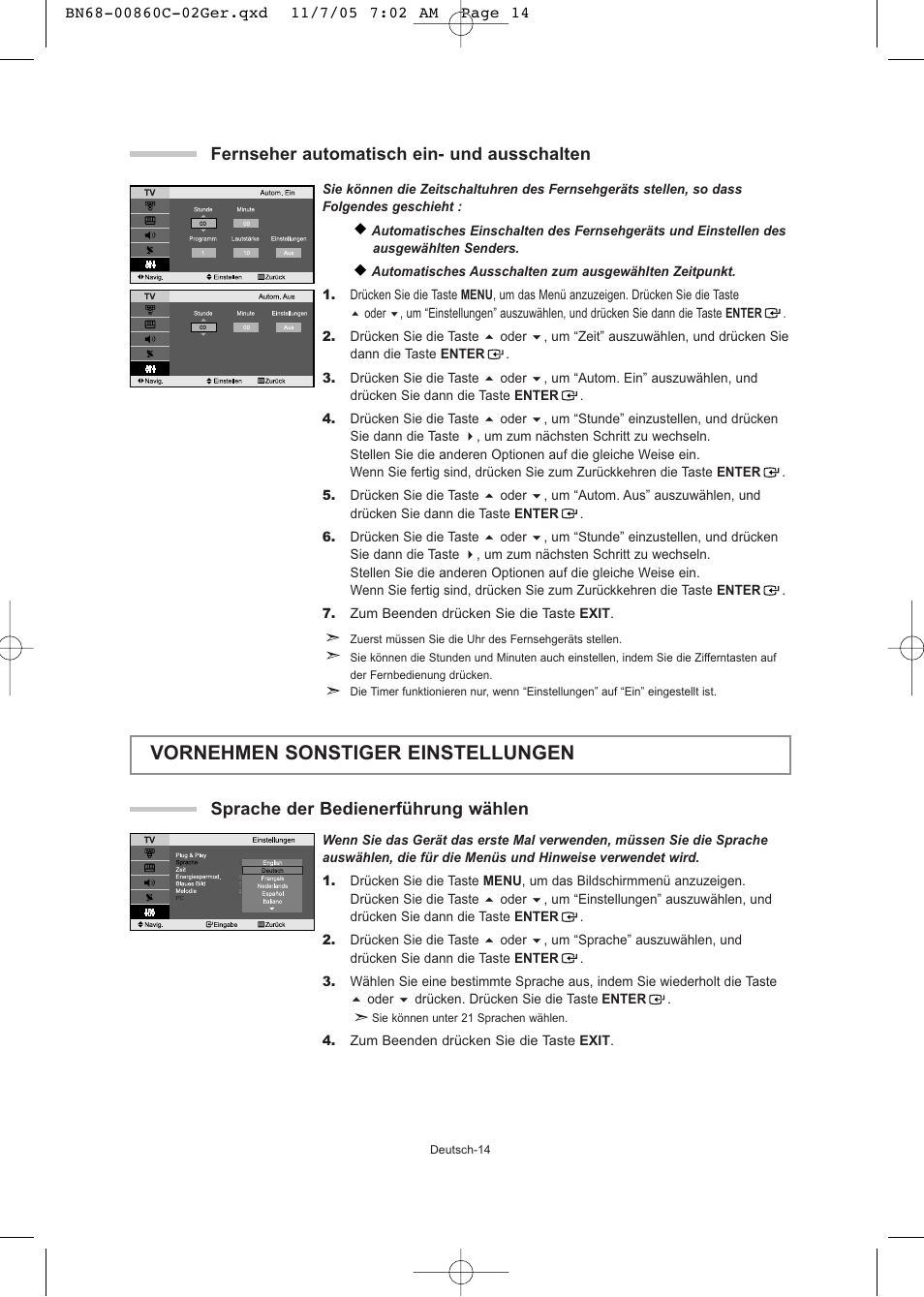Vornehmen sonstiger einstellungen, Fernseher automatisch ein- und ausschalten, Sprache der bedienerführung wählen | Samsung LE32T51S User Manual | Page 56 / 147