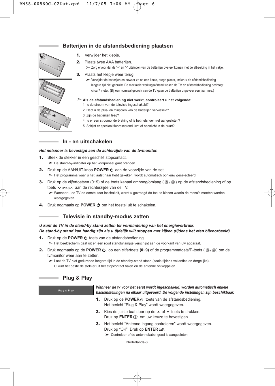 Plug & play, Batterijen in de afstandsbediening plaatsen | Samsung LE32T51S User Manual | Page 68 / 147