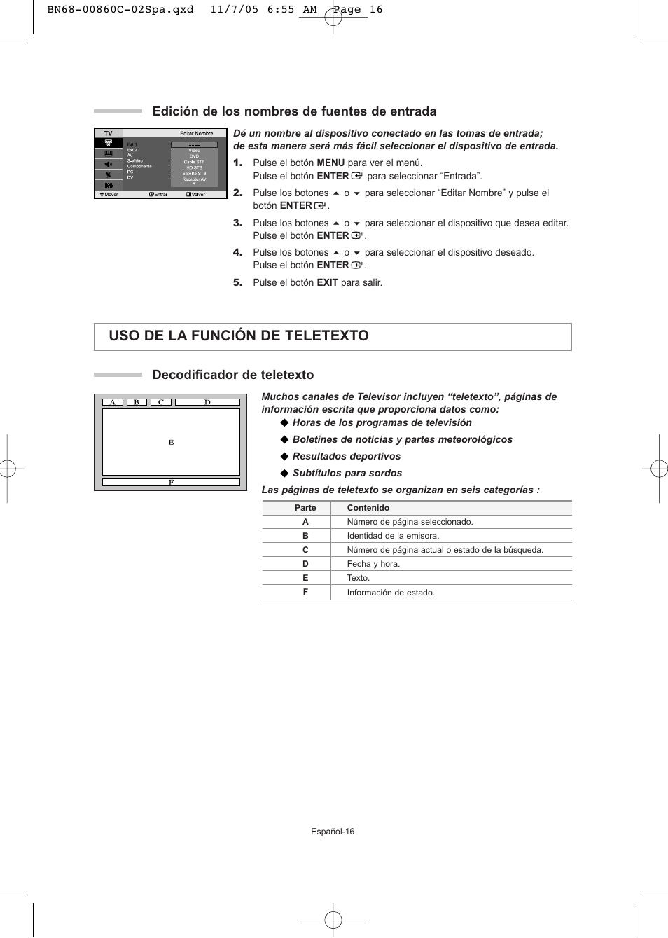 Uso de la función de teletexto, Decodificador de teletexto, Edición de los nombres de fuentes de entrada | Samsung LE32T51S User Manual | Page 98 / 147