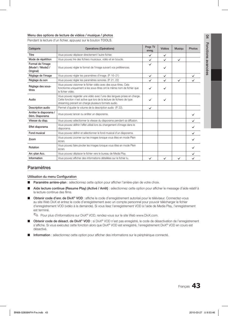 Paramètres | Samsung LE40C750R2W User Manual | Page 104 / 245