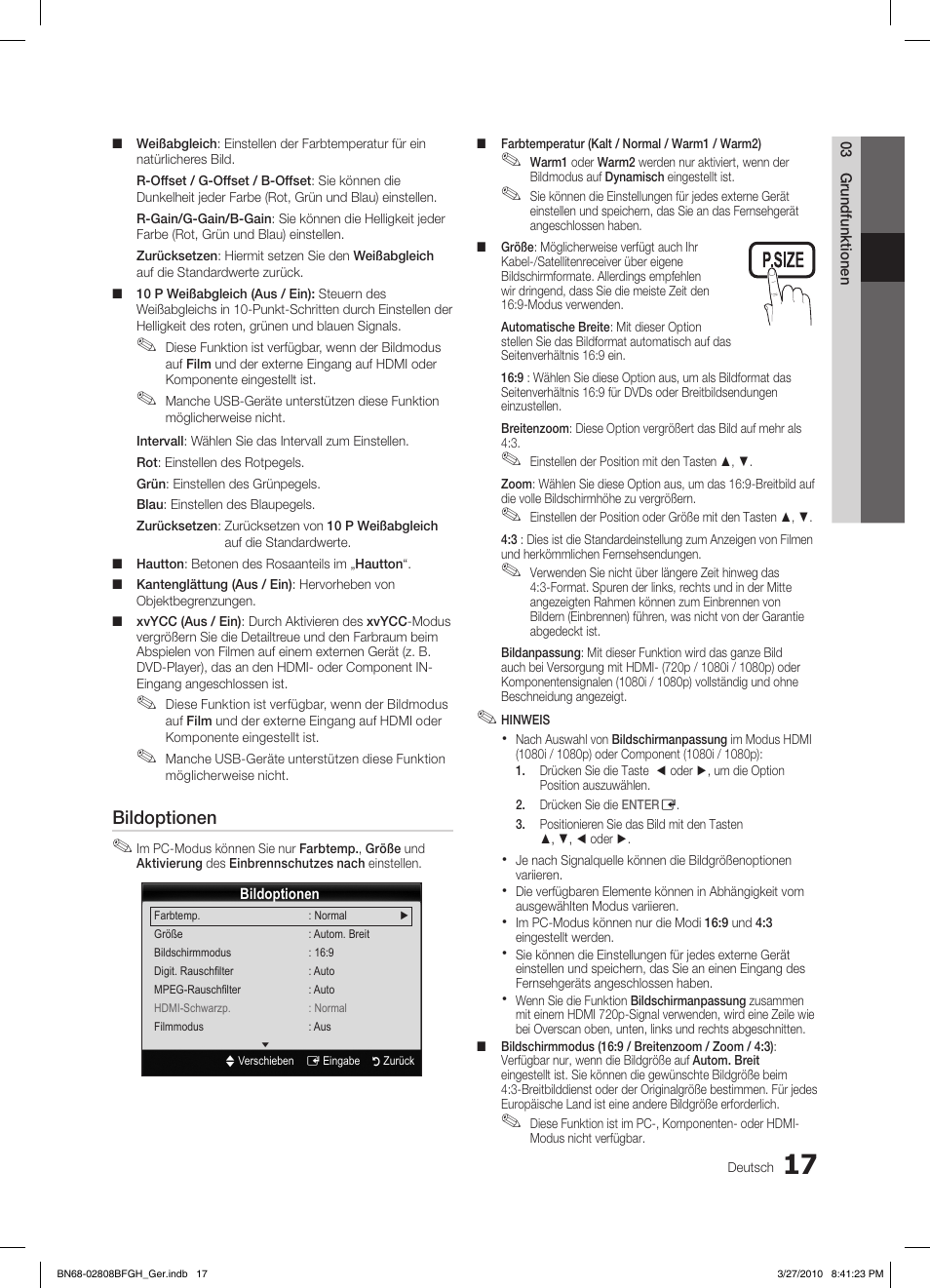 Bildoptionen | Samsung LE40C750R2W User Manual | Page 139 / 245