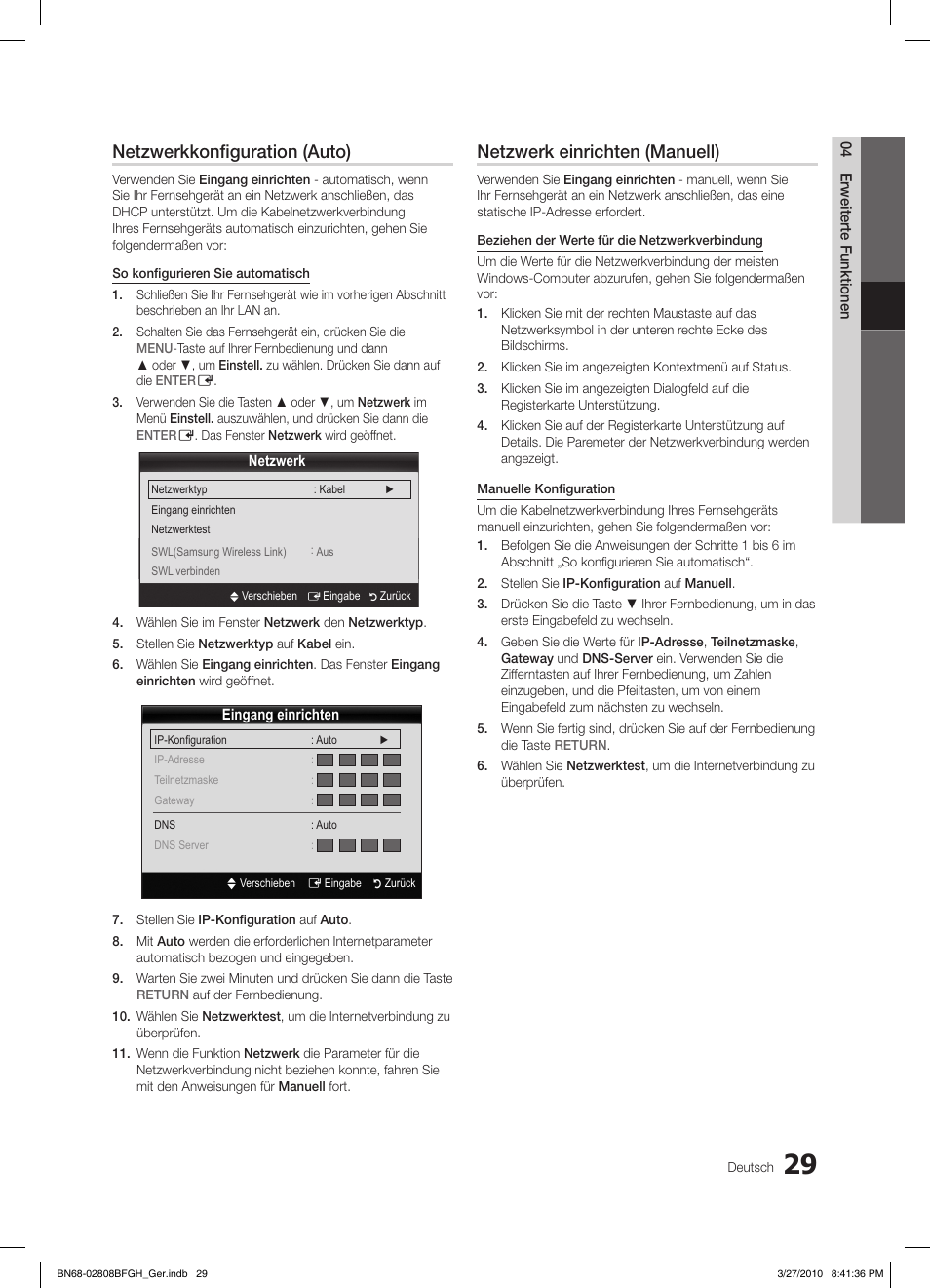 Netzwerkkonfiguration (auto), Netzwerk einrichten (manuell) | Samsung LE40C750R2W User Manual | Page 151 / 245