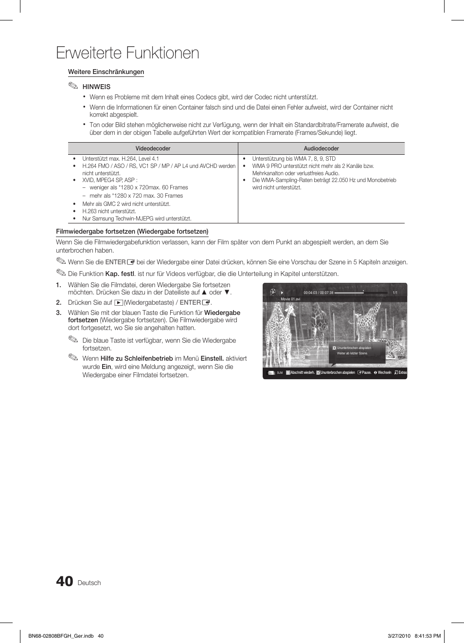 Erweiterte funktionen | Samsung LE40C750R2W User Manual | Page 162 / 245