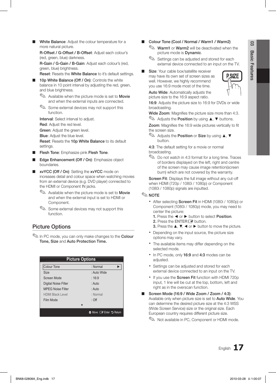 Picture options | Samsung LE40C750R2W User Manual | Page 17 / 245