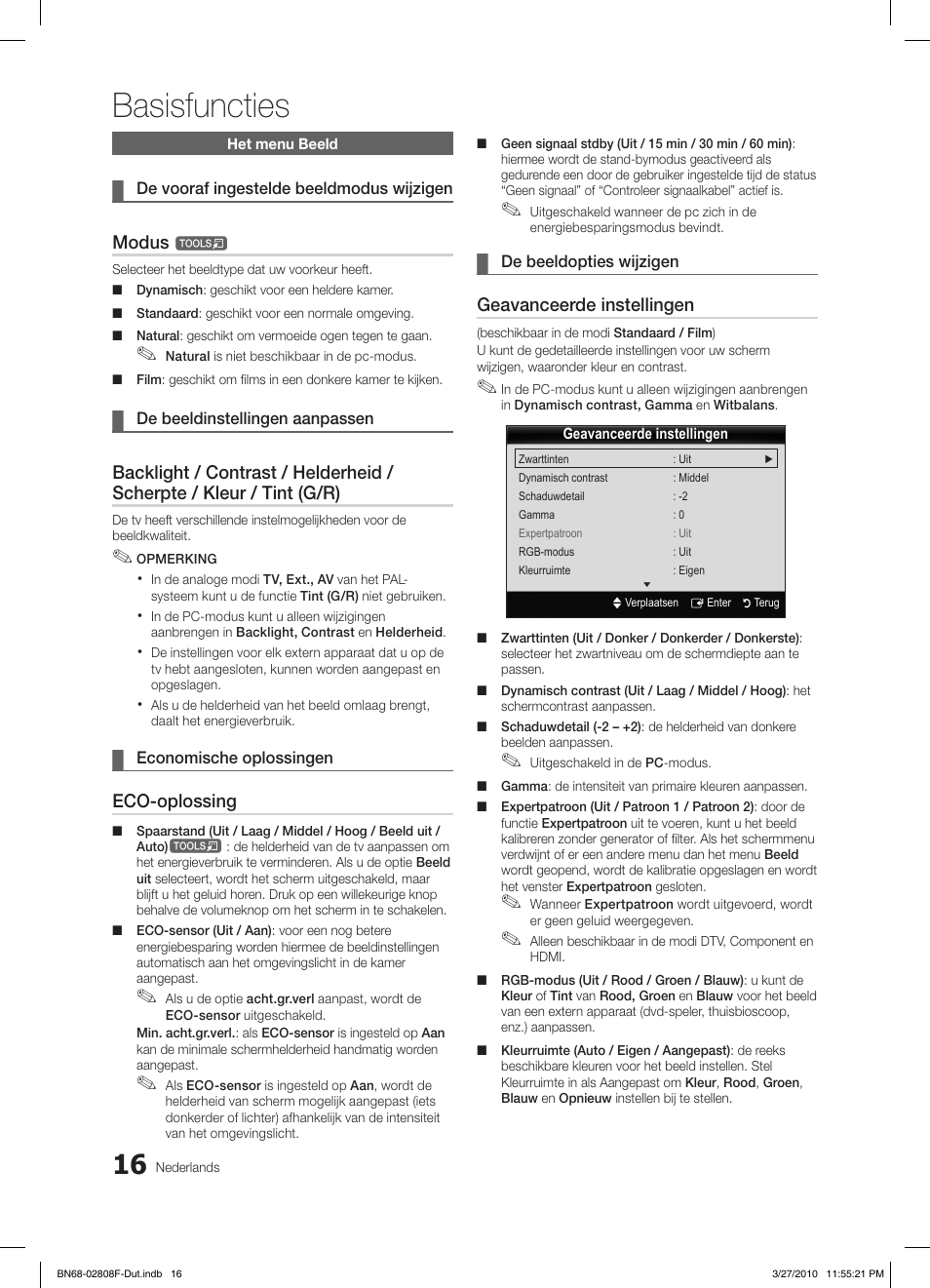 Basisfuncties, Modus, Eco-oplossing | Geavanceerde instellingen | Samsung LE40C750R2W User Manual | Page 199 / 245