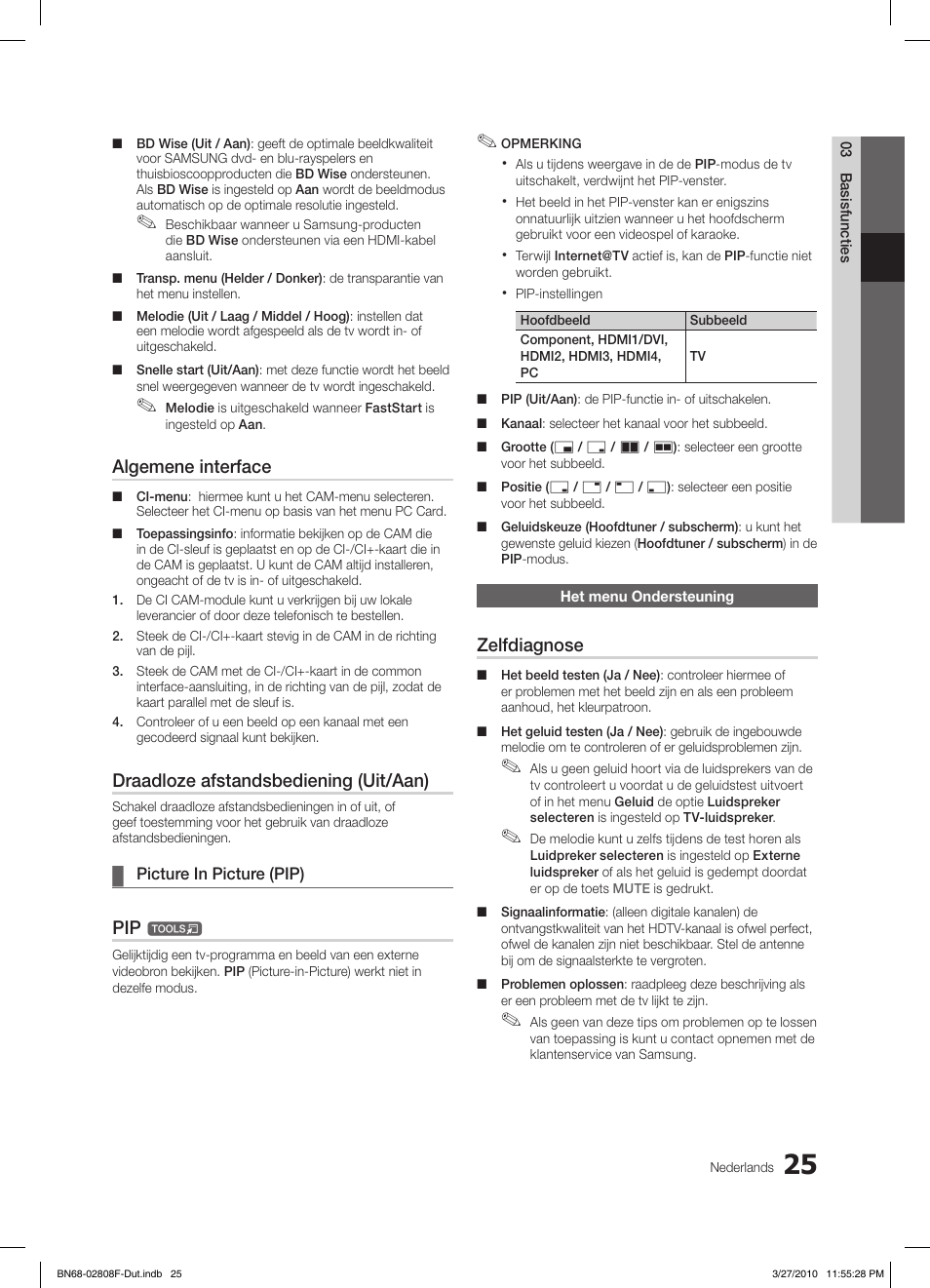 Algemene interface, Draadloze afstandsbediening (uit/aan), Zelfdiagnose | Samsung LE40C750R2W User Manual | Page 208 / 245