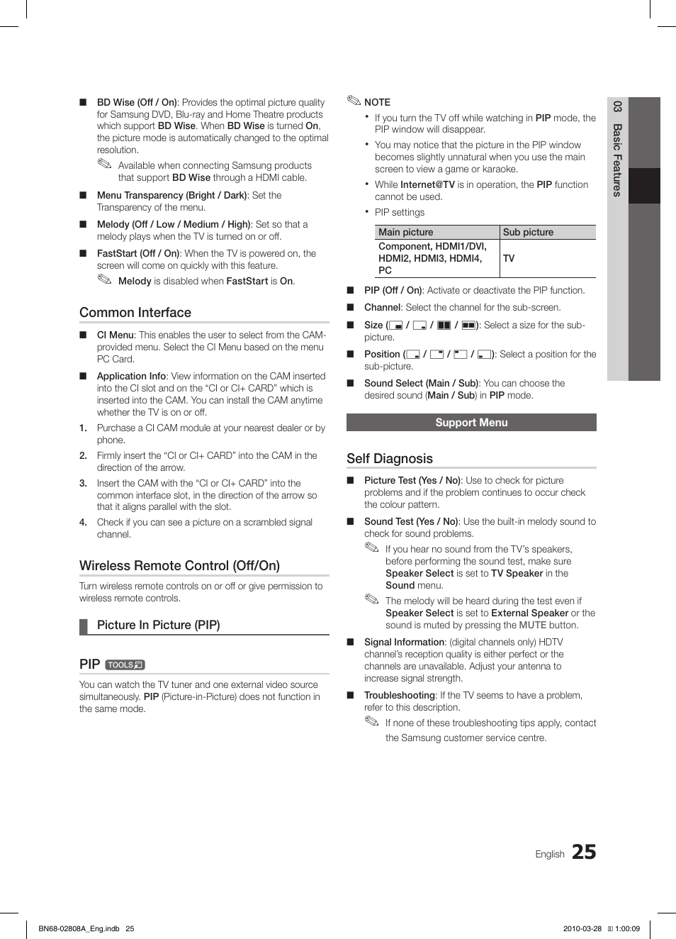 Common interface, Wireless remote control (off/on), Self diagnosis | Samsung LE40C750R2W User Manual | Page 25 / 245