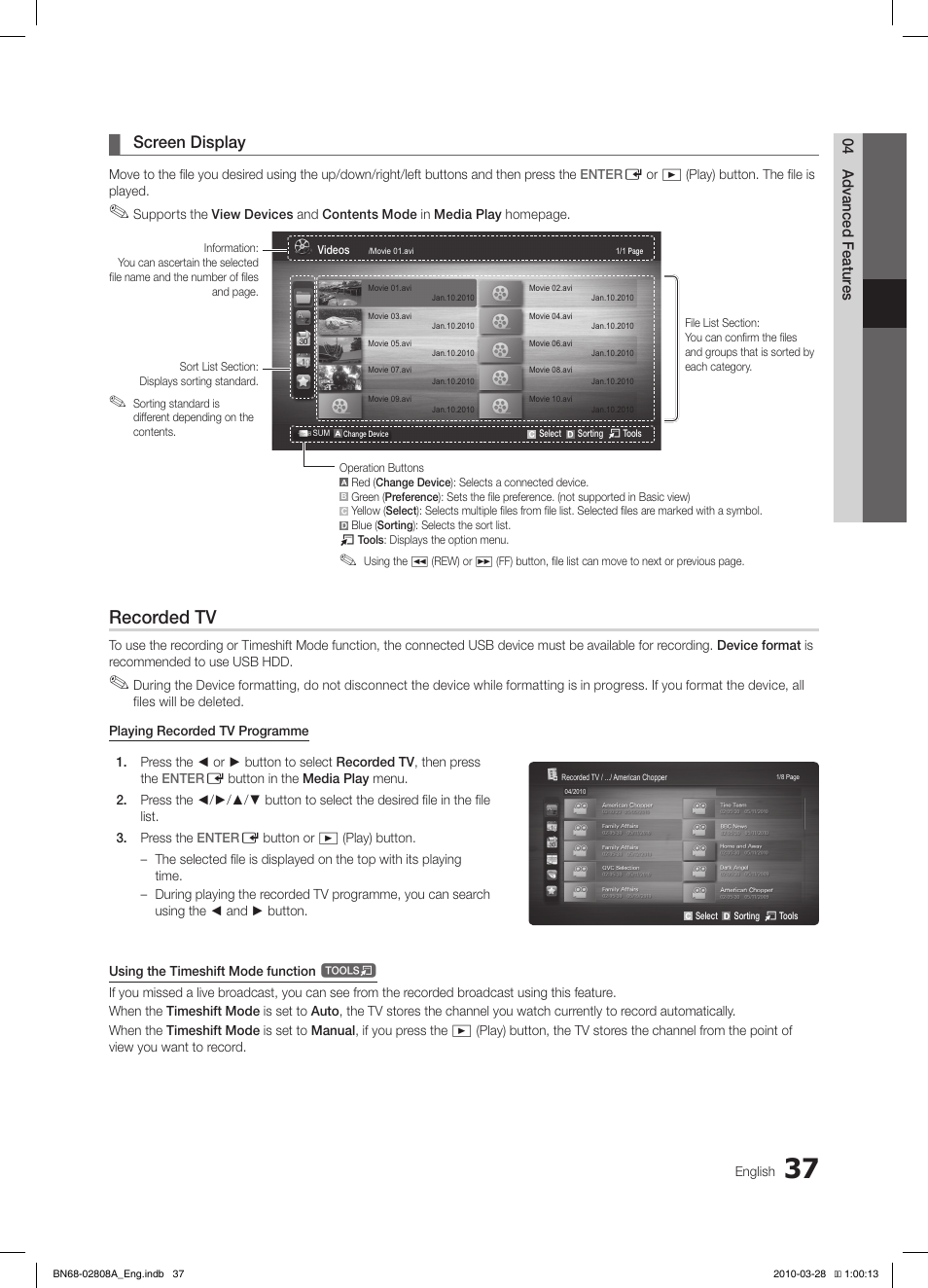 Recorded tv, Screen display | Samsung LE40C750R2W User Manual | Page 37 / 245