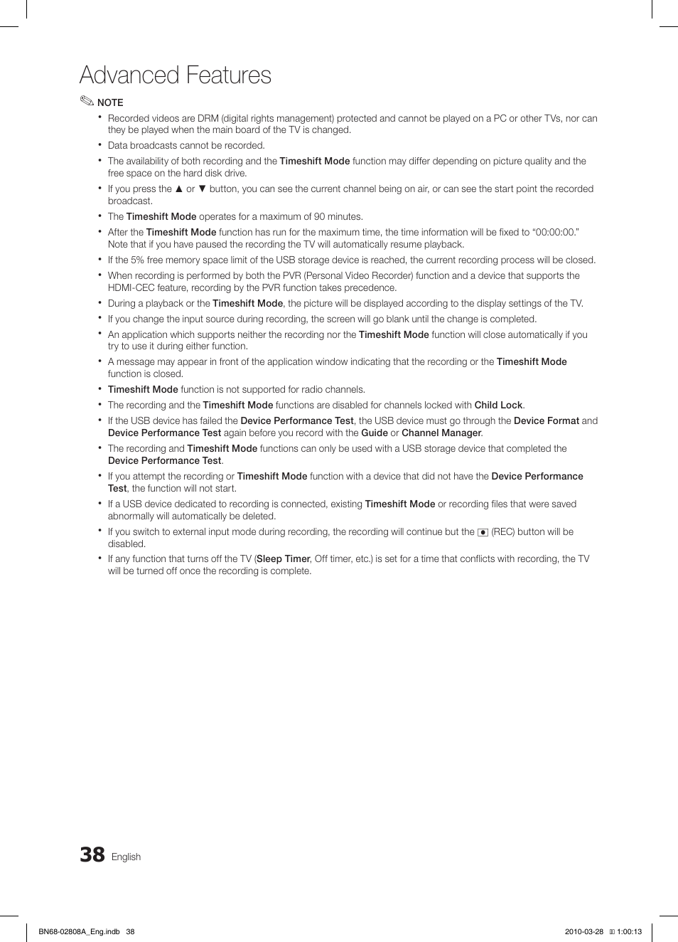 Advanced features | Samsung LE40C750R2W User Manual | Page 38 / 245