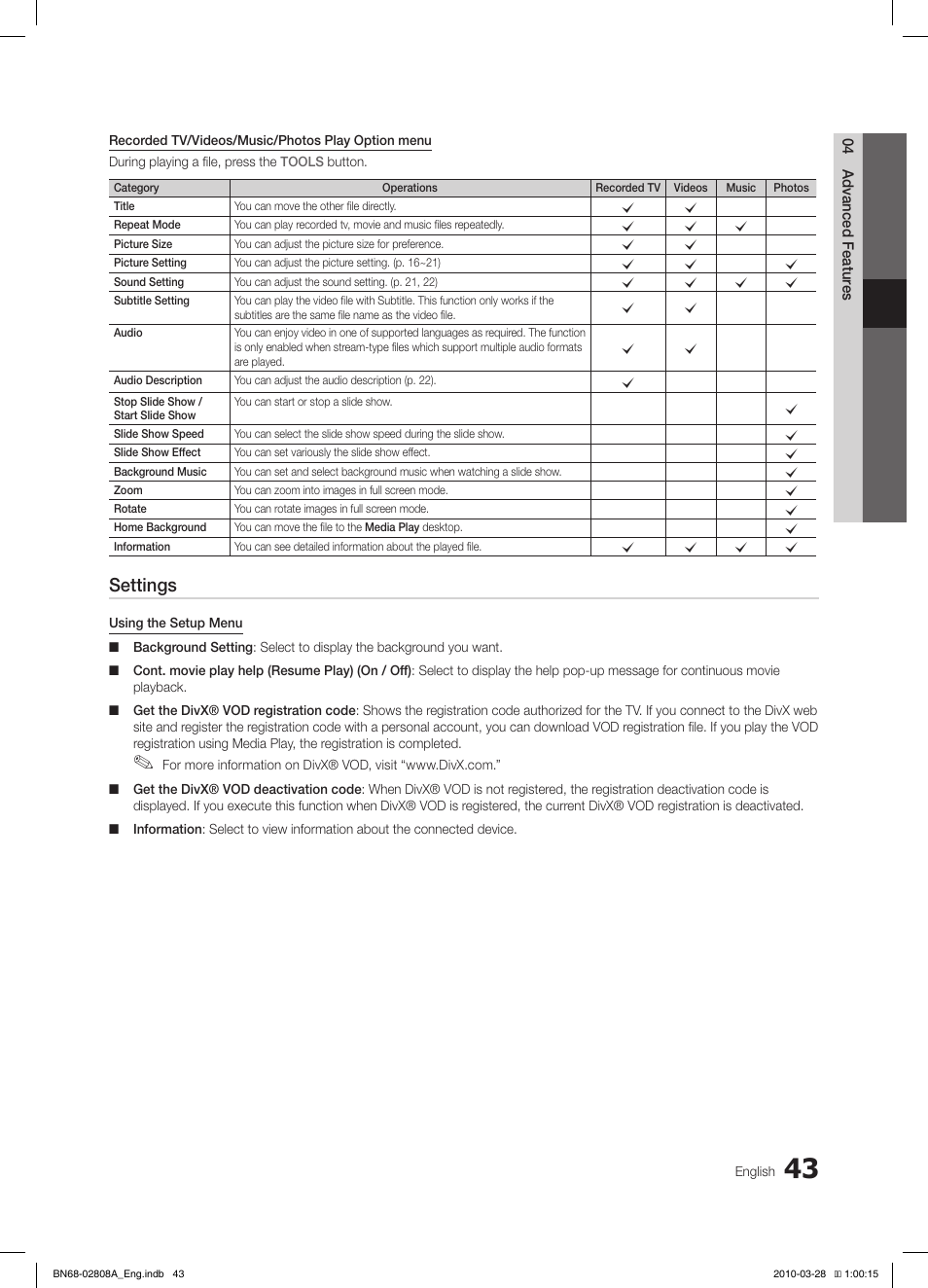 Settings | Samsung LE40C750R2W User Manual | Page 43 / 245