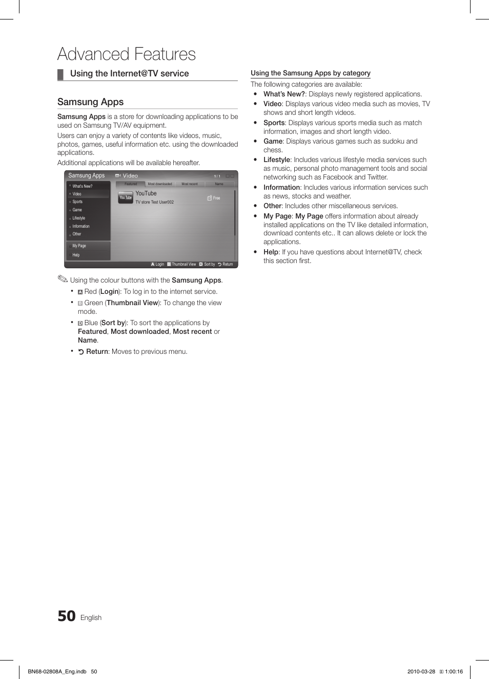 Advanced features, Samsung apps | Samsung LE40C750R2W User Manual | Page 50 / 245