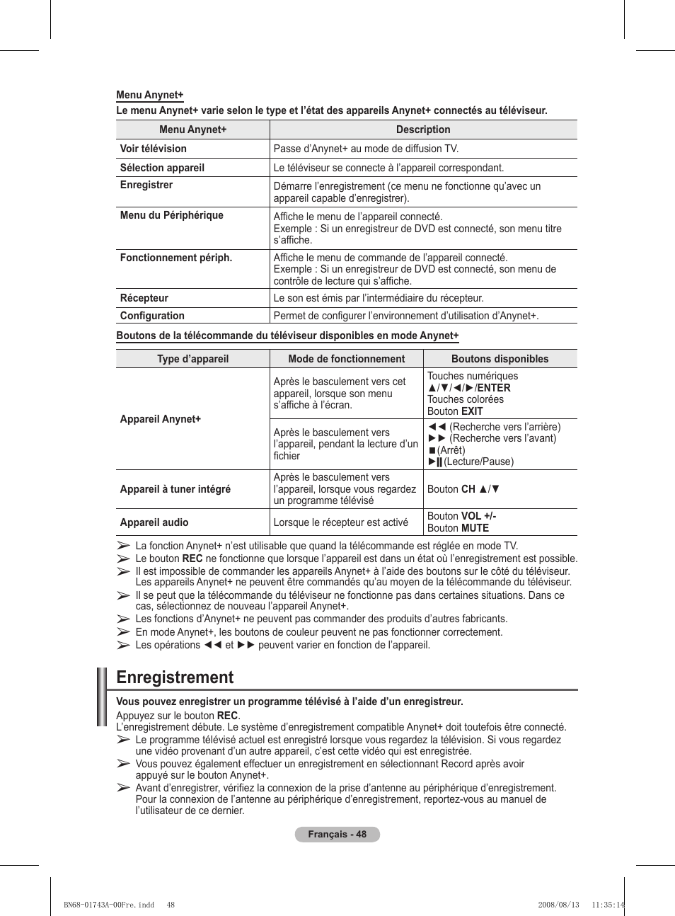 Enregistrement | Samsung PS50A417C2D User Manual | Page 110 / 477