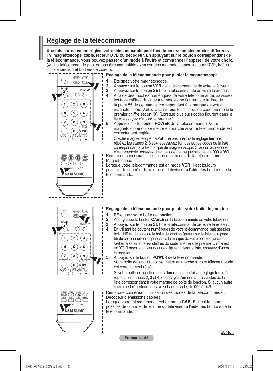 Réglage de la télécommande | Samsung PS50A417C2D User Manual | Page 115 / 477