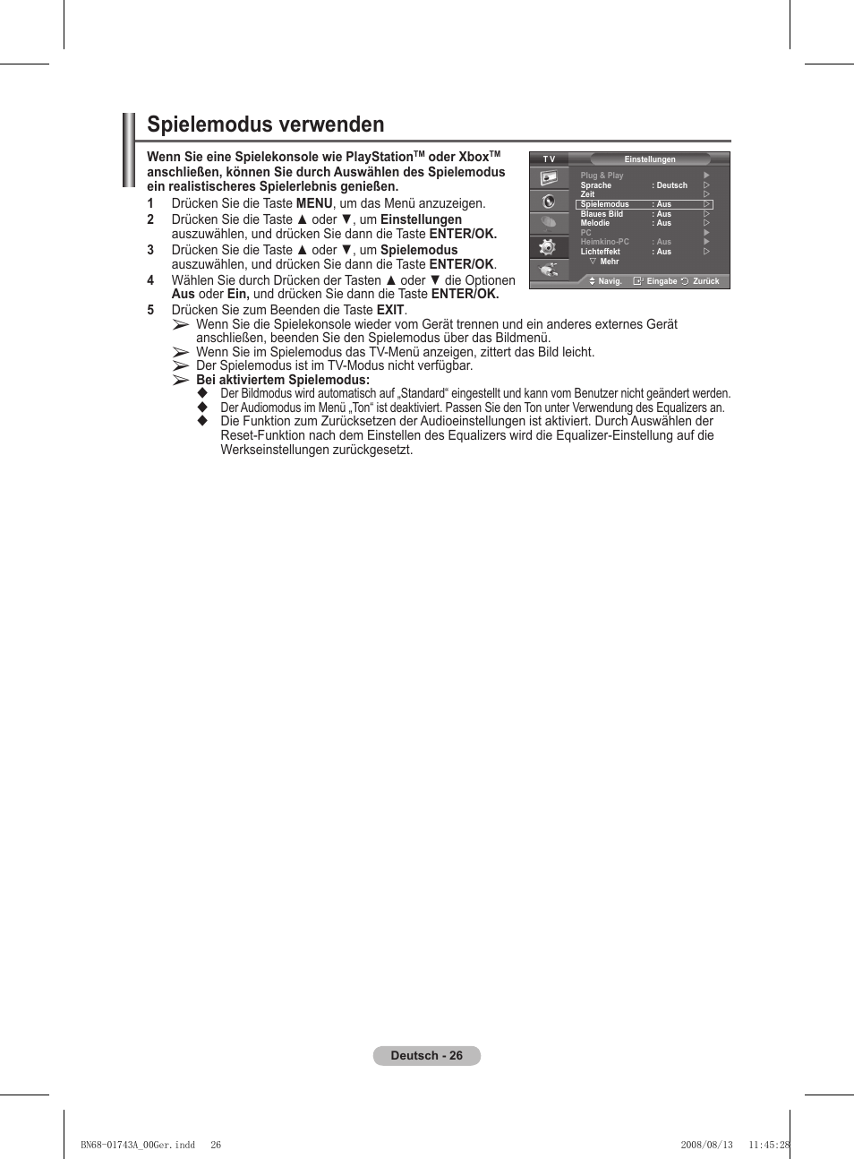 Spielemodus verwenden | Samsung PS50A417C2D User Manual | Page 147 / 477