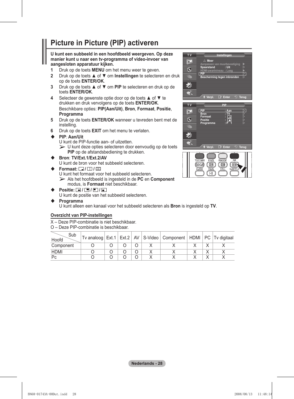Picture in picture (pip) activeren | Samsung PS50A417C2D User Manual | Page 208 / 477