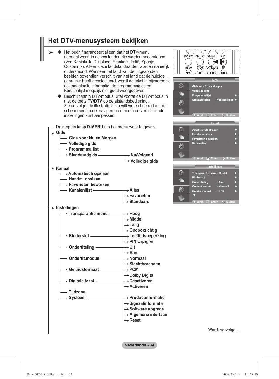 Het dtv-menusysteem bekijken | Samsung PS50A417C2D User Manual | Page 214 / 477