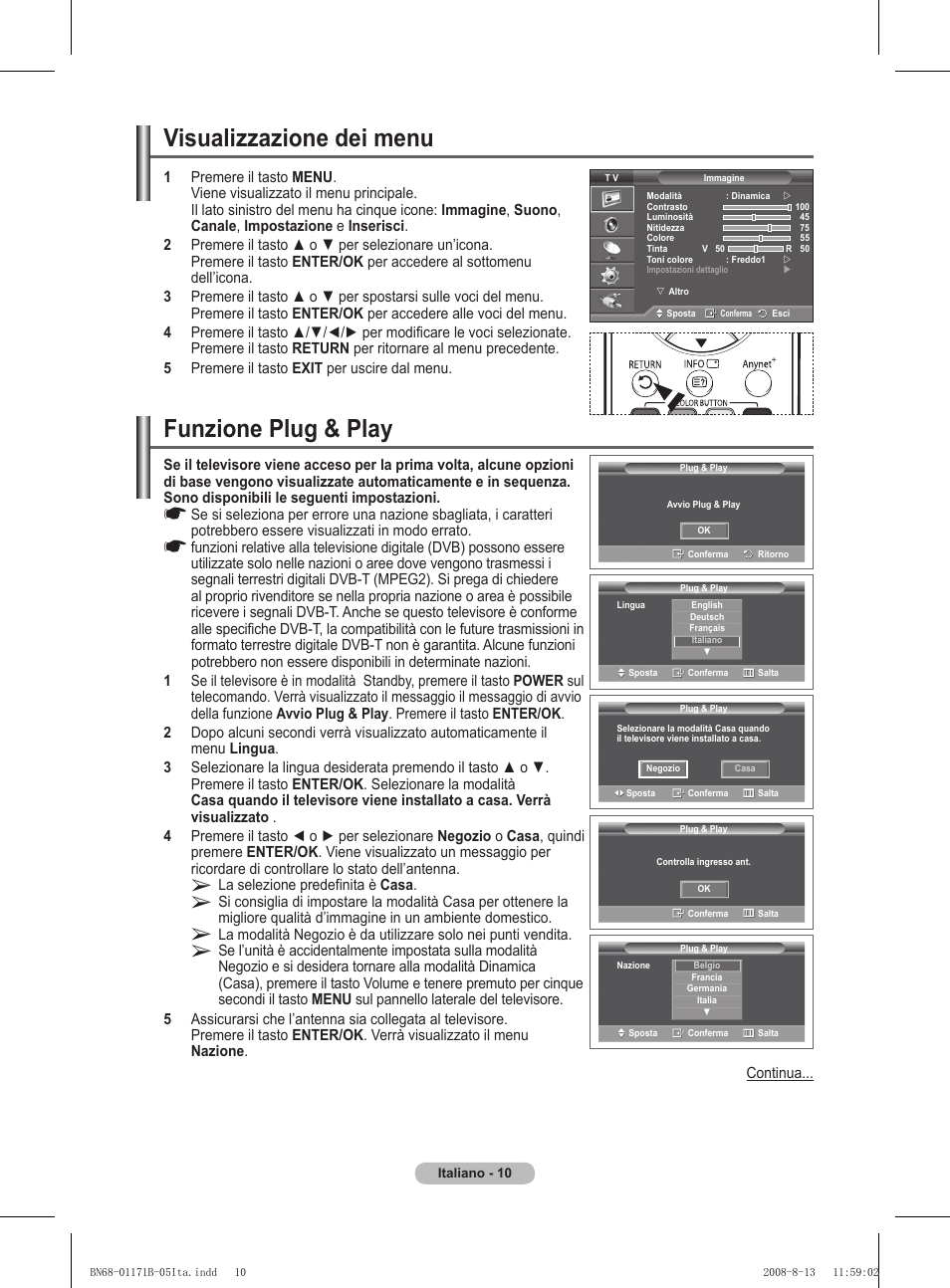 Visualizzazione dei menu, Funzione plug & play | Samsung PS50A417C2D User Manual | Page 249 / 477