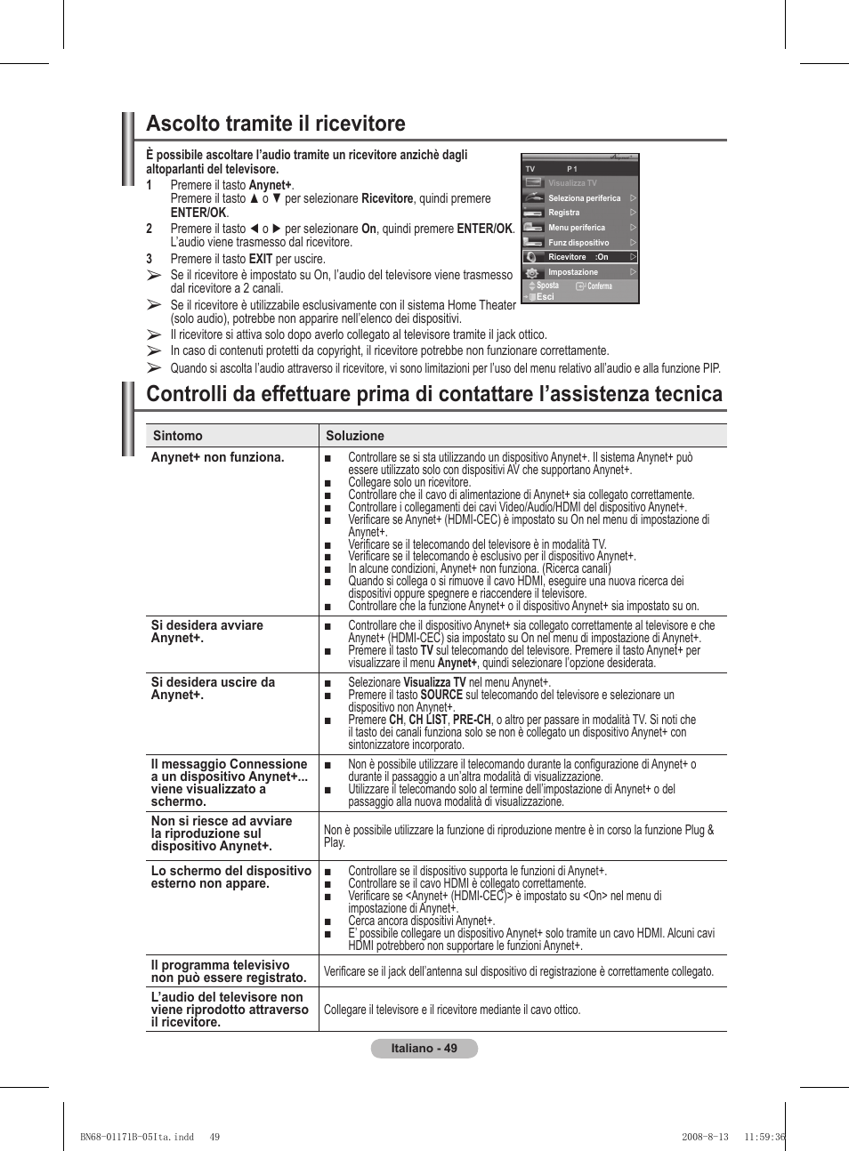 Ascolto tramite il ricevitore | Samsung PS50A417C2D User Manual | Page 288 / 477