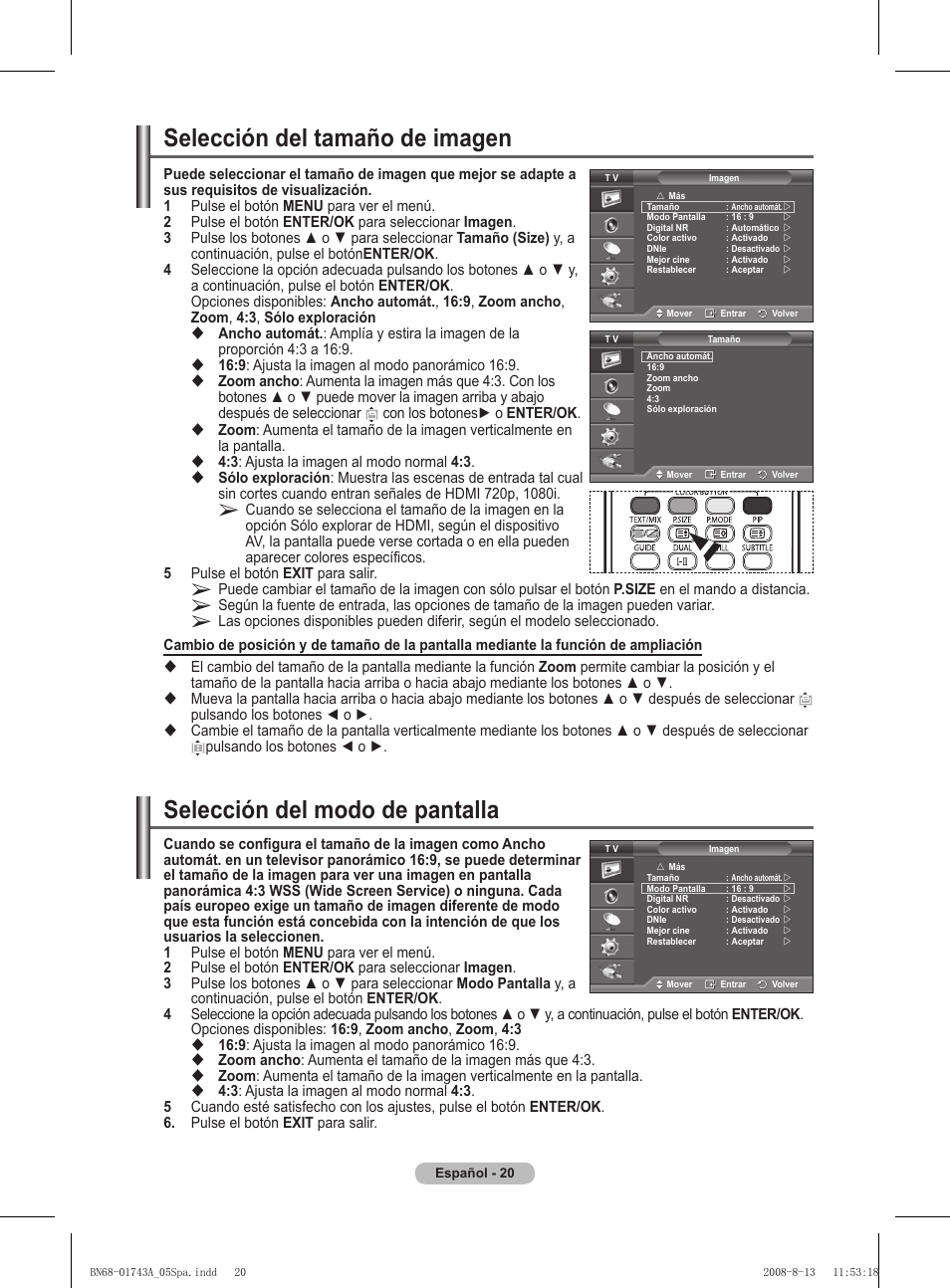 Selección del tamaño de imagen, Selección del modo de pantalla | Samsung PS50A417C2D User Manual | Page 319 / 477