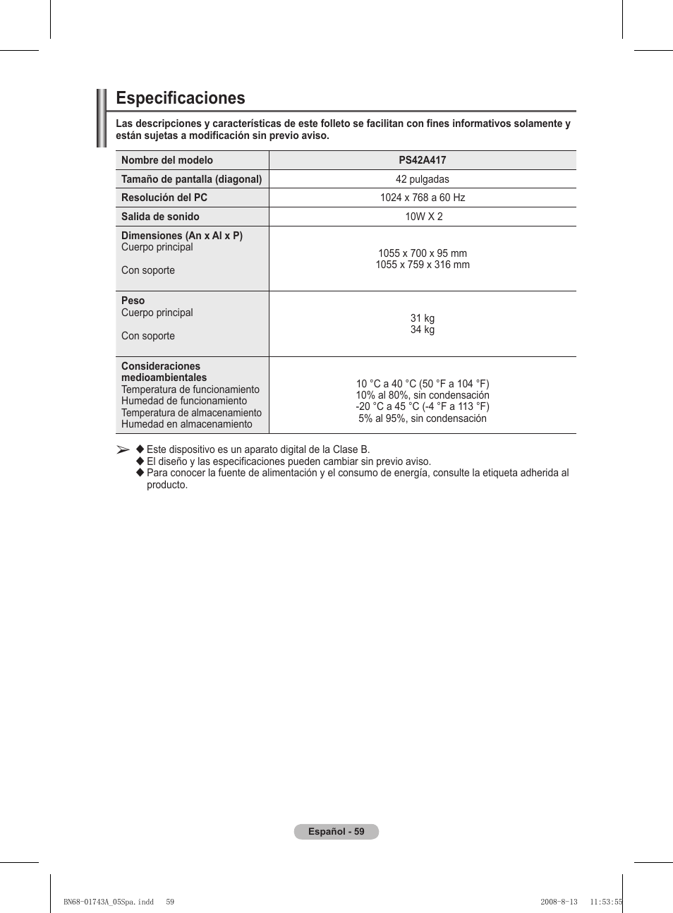 Especificaciones | Samsung PS50A417C2D User Manual | Page 358 / 477
