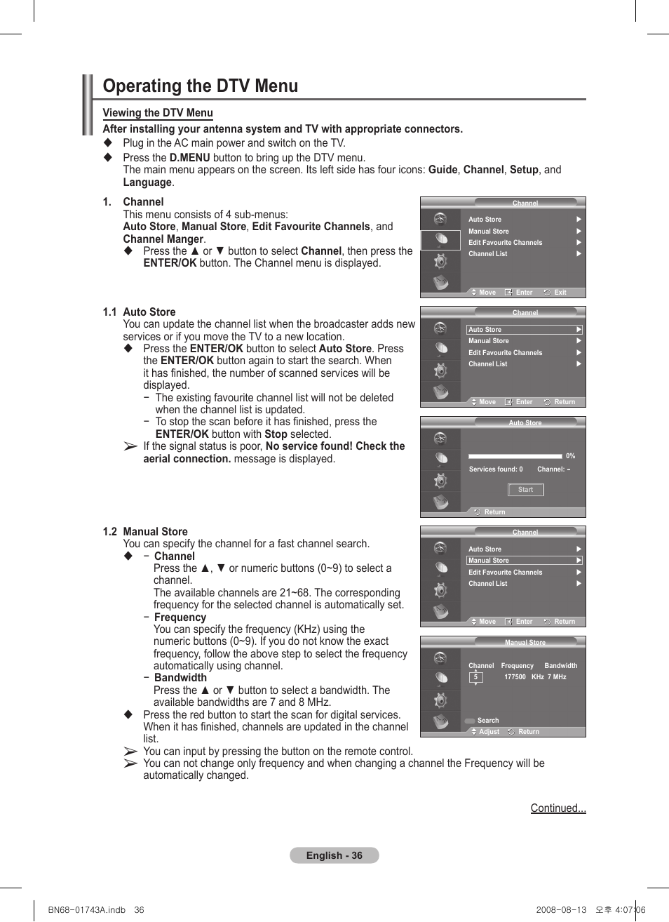 Operating the dtv menu | Samsung PS50A417C2D User Manual | Page 36 / 477