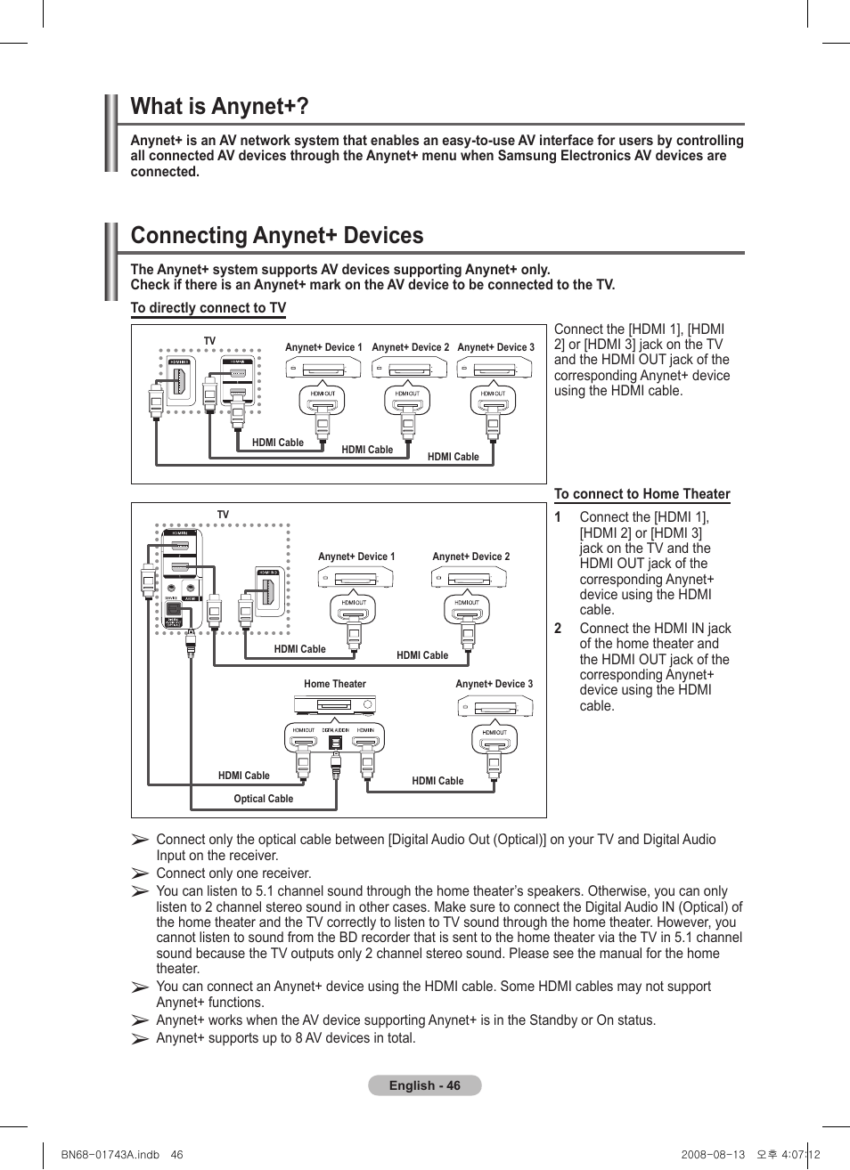 What is anynet, Connecting anynet+ devices | Samsung PS50A417C2D User Manual | Page 46 / 477