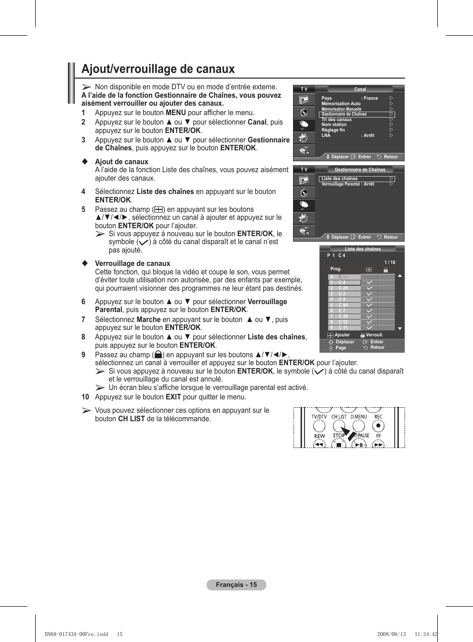 Ajout/verrouillage de canaux | Samsung PS50A417C2D User Manual | Page 77 / 477