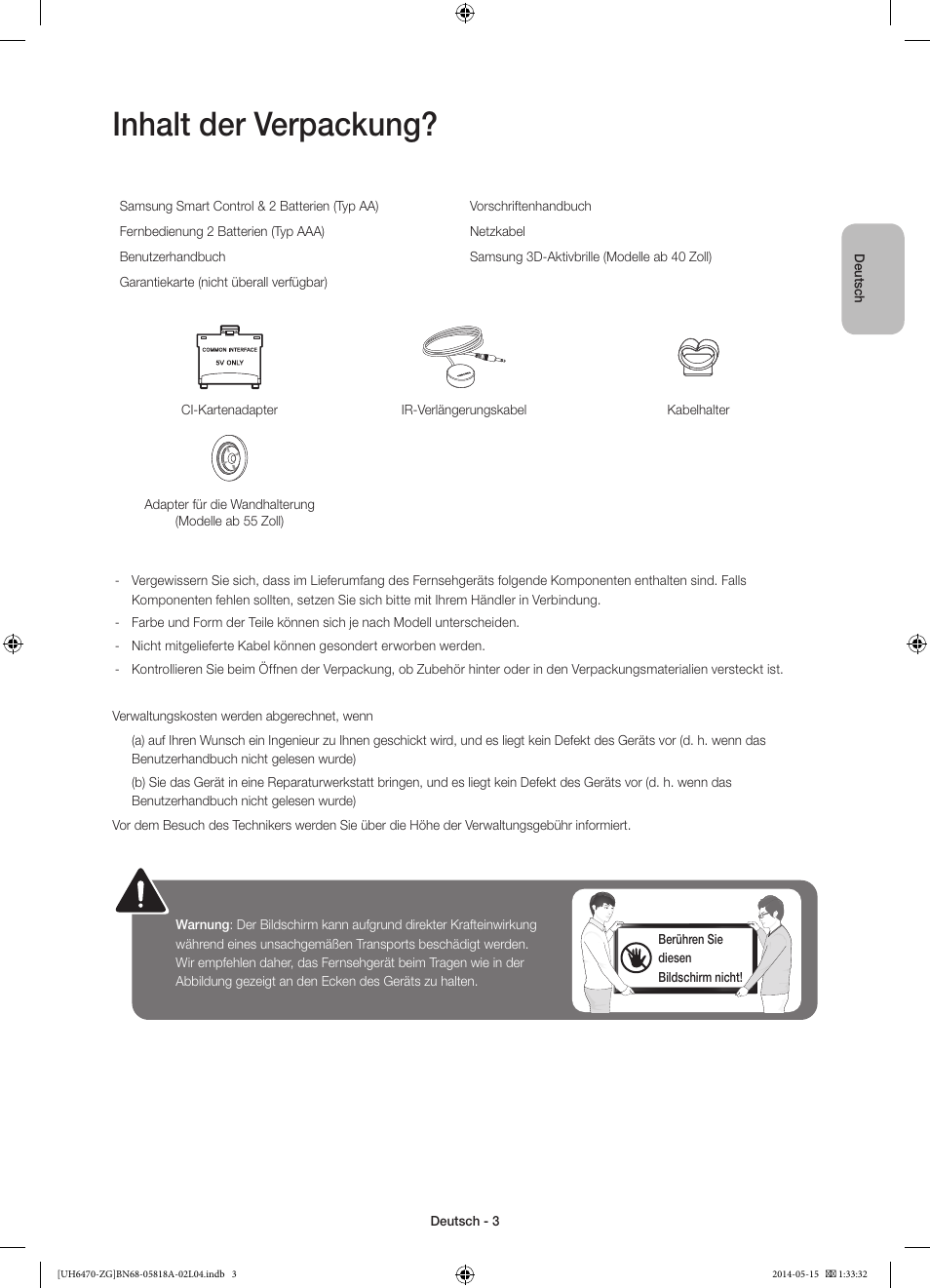 Inhalt der verpackung | Samsung UE40H6470SS User Manual | Page 25 / 89