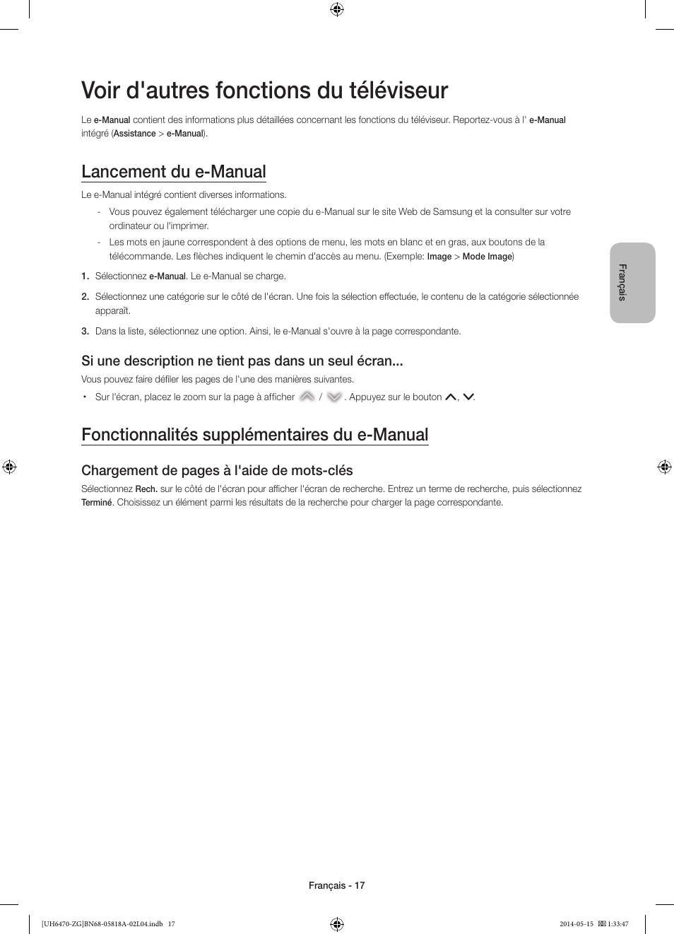 Voir d'autres fonctions du téléviseur, Lancement du e-manual, Fonctionnalités supplémentaires du e-manual | Si une description ne tient pas dans un seul écran, Chargement de pages à l'aide de mots-clés | Samsung UE40H6470SS User Manual | Page 61 / 89