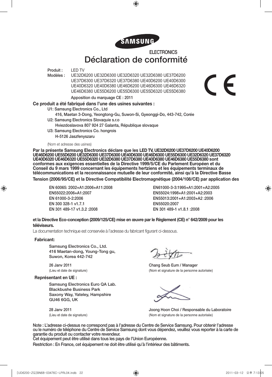 Déclaration de conformité | Samsung UE32D6200TS User Manual | Page 64 / 86