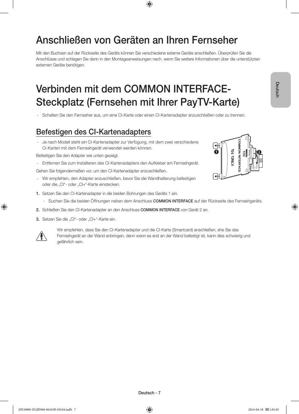 Anschließen von geräten an ihren fernseher, Befestigen des ci-kartenadapters | Samsung UE55HU6900S User Manual | Page 31 / 97