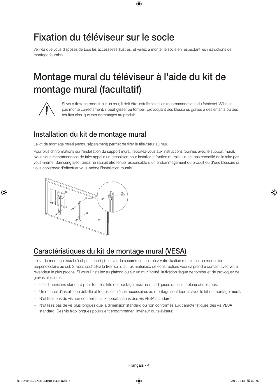 Fixation du téléviseur sur le socle, Installation du kit de montage mural, Caractéristiques du kit de montage mural (vesa) | Samsung UE55HU6900S User Manual | Page 52 / 97
