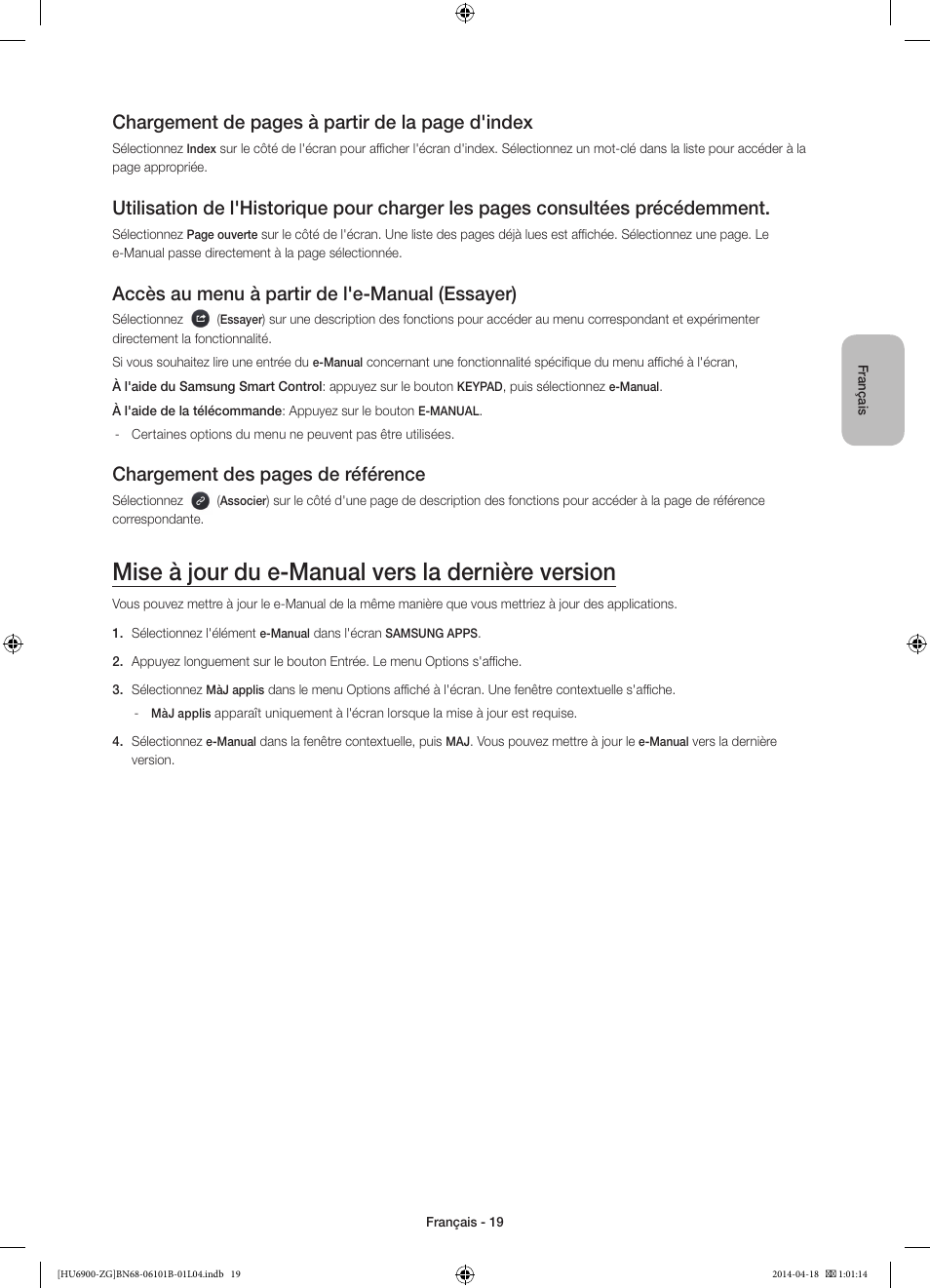 Mise à jour du e-manual vers la dernière version, Chargement de pages à partir de la page d'index, Accès au menu à partir de l'e-manual (essayer) | Chargement des pages de référence | Samsung UE55HU6900S User Manual | Page 67 / 97