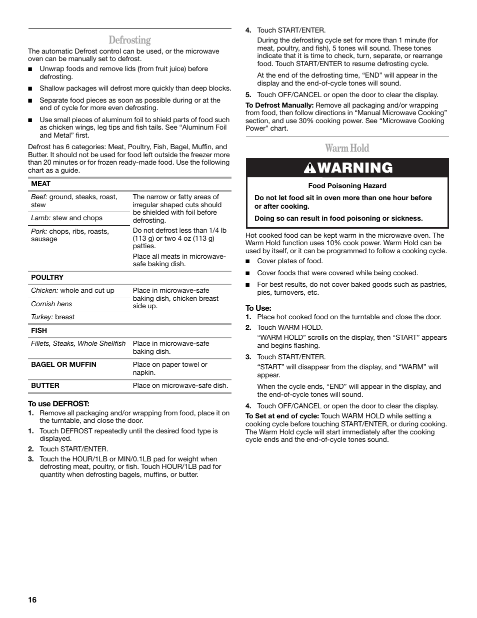 Warning, Defrosting, Warm hold | Amana AMC7159TA User Manual | Page 16 / 20