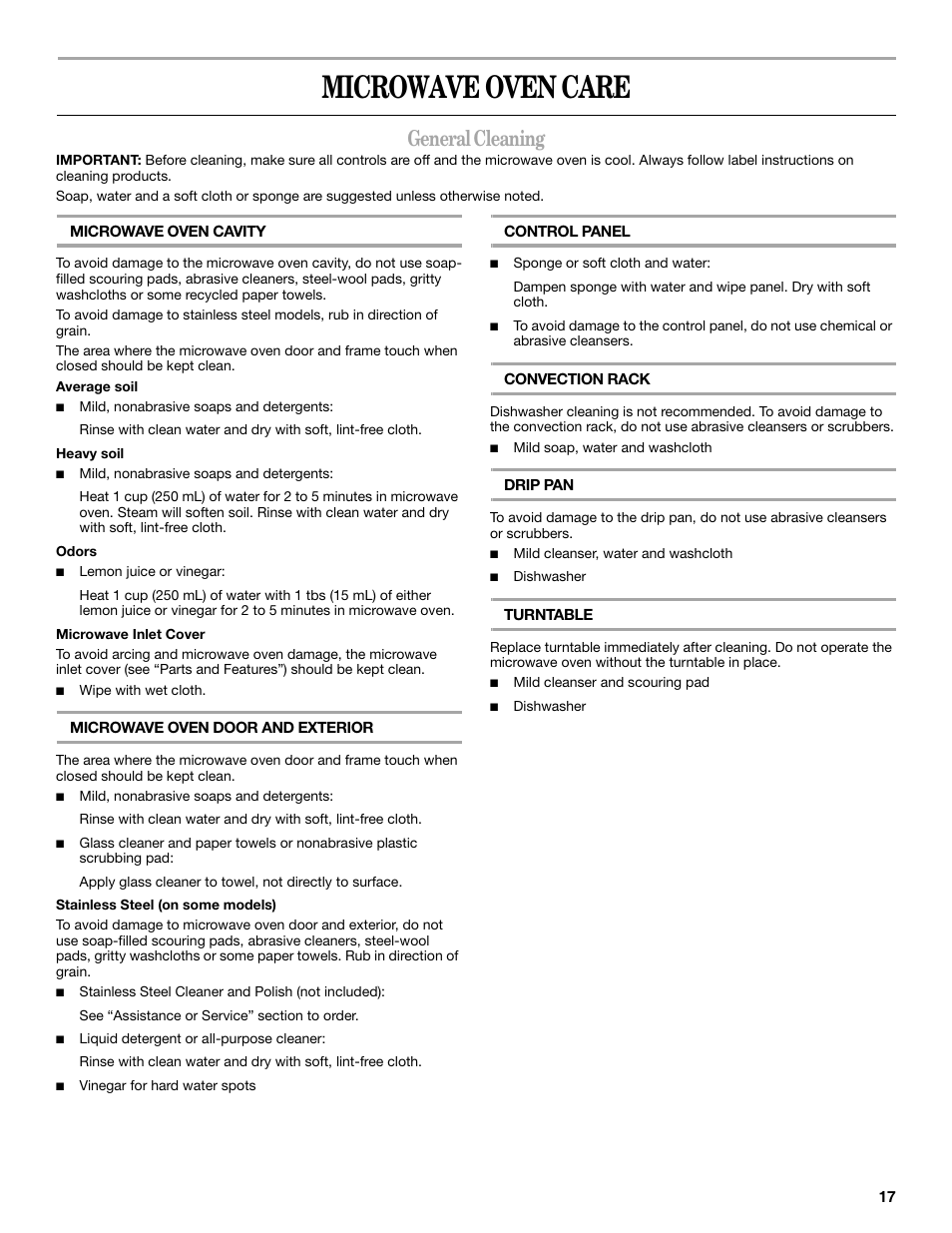 Microwave oven care, General cleaning | Amana AMC7159TA User Manual | Page 17 / 20