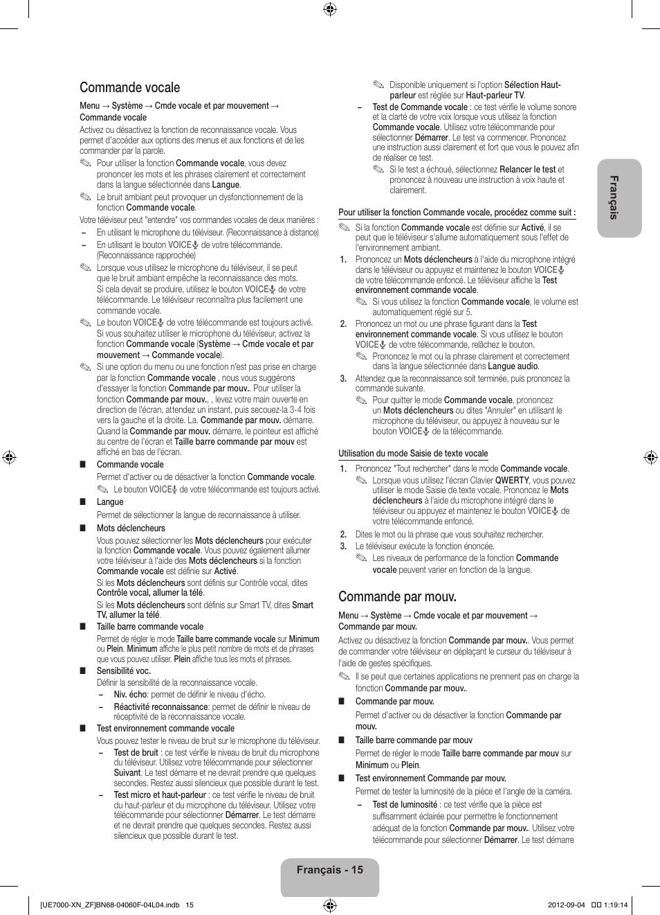 Commande vocale, Commande par mouv | Samsung UE55ES7000S User Manual | Page 38 / 93
